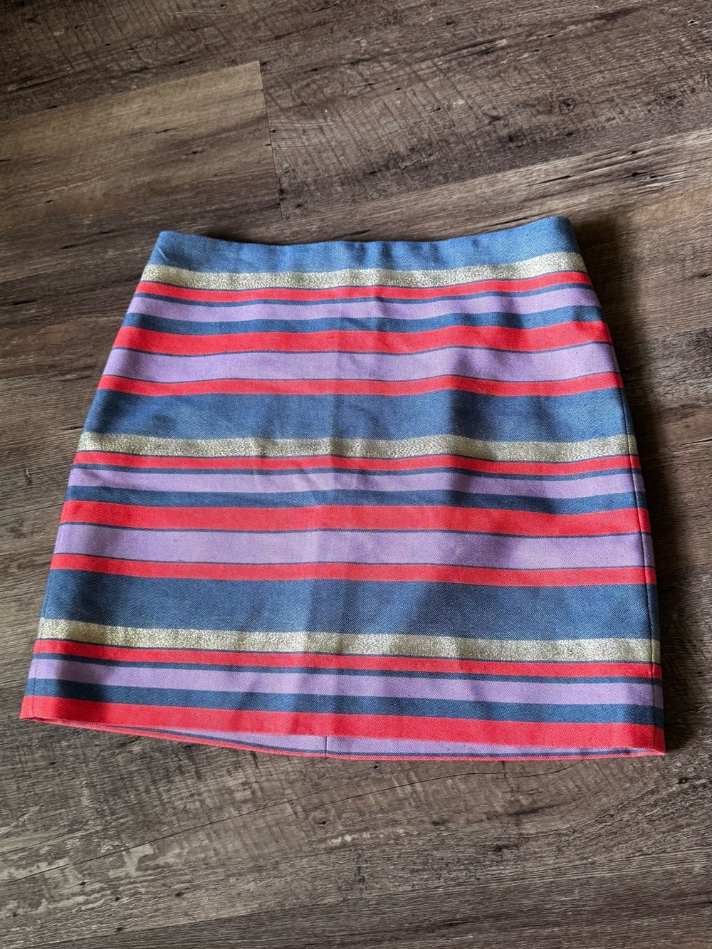 J Crew striped mini skirt in coral, lavender, blue, and gold metallic